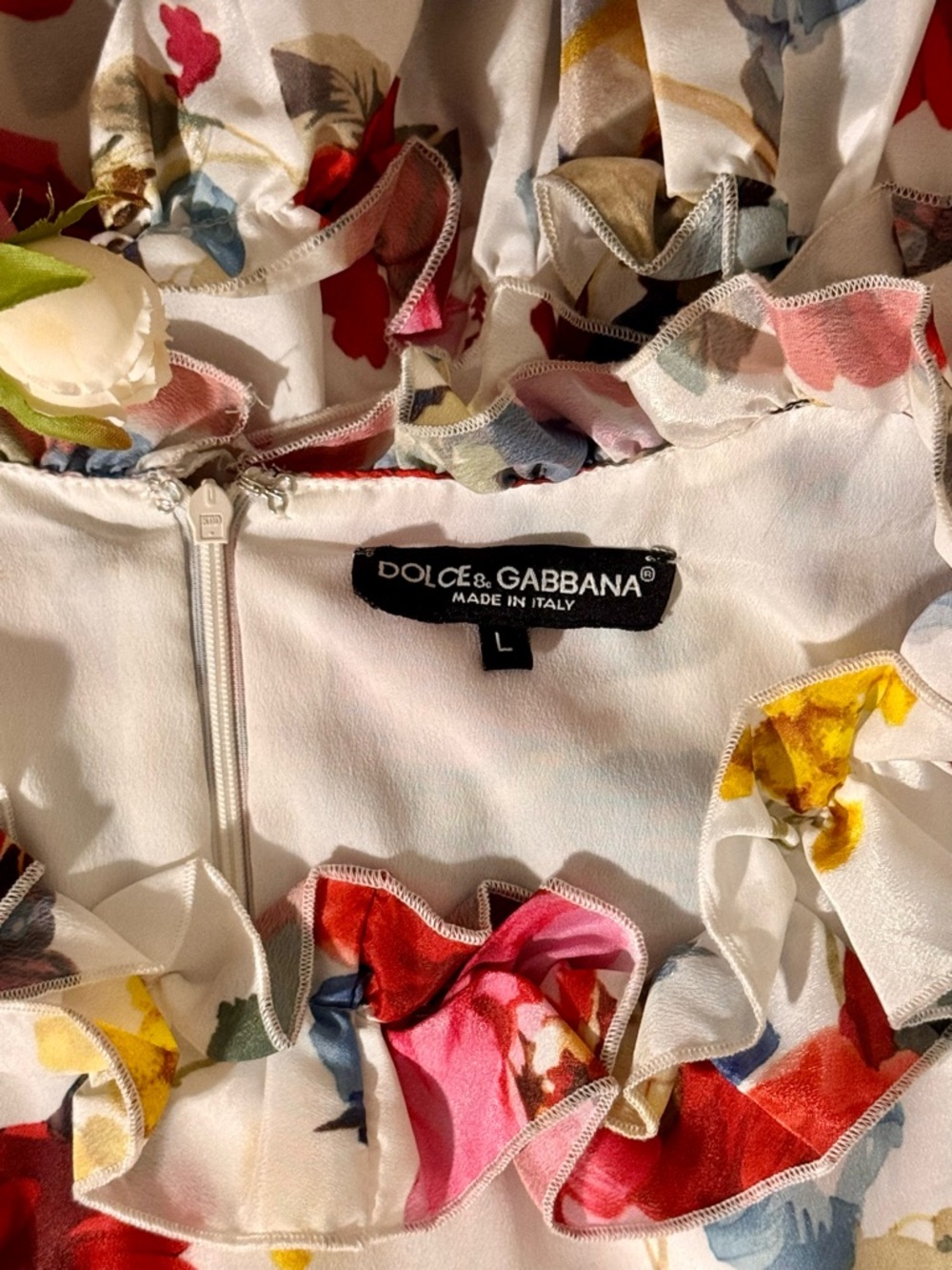 Dolce & Gabbana White Floral Ruffle Dress with Red & Blue Accents - Picture 7 of 7